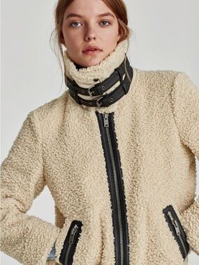 Zara Shearling Zip Jacket with Black Trim and High Collar